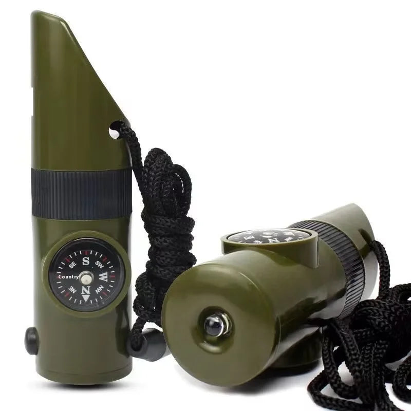 Outdoor 7-in-1 Multi-Function LED Compass Whistle Survival Emergency Response Earthquake Camping Whistles Made Durable Plastic