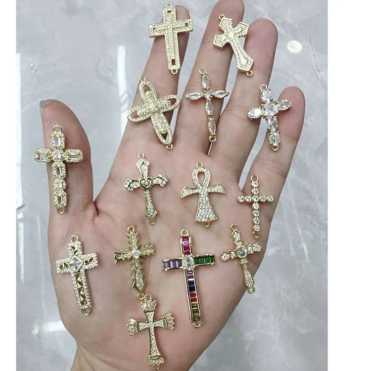 CZ6887 18k Gold Plated Cz Pave Micro Cross Connector for Bracelet Making Cubic Zirconia Bracelet 2 Loop Links
