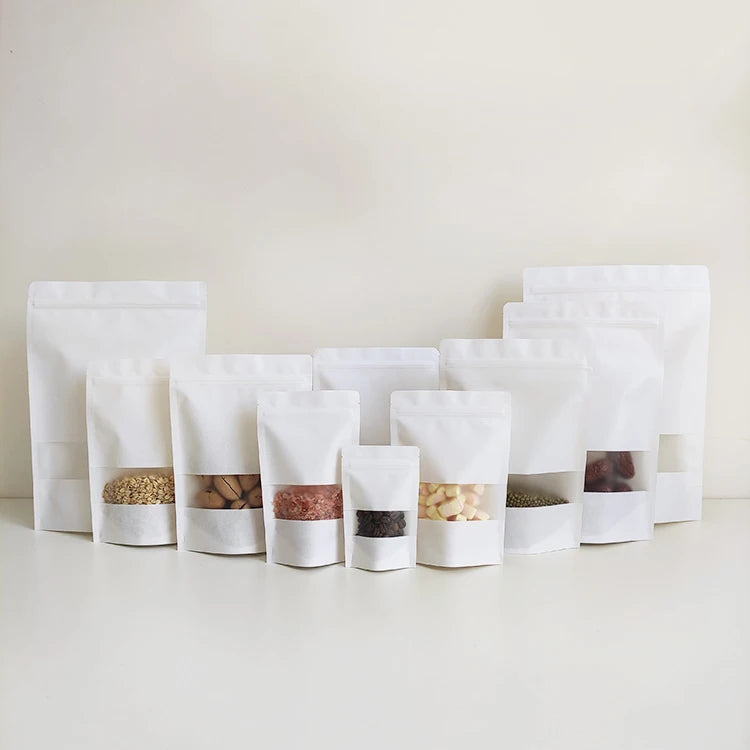 10x15cm Stand up White Kraft Paper Resealable Ziplock Plain Food Packaging Pouches Bags With Clear Window