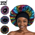 ZTZI Large Size Stretch Wide Band Night Cap Laser Satin   African Women Hair Bonnet Rainbow Bonnet for Braids