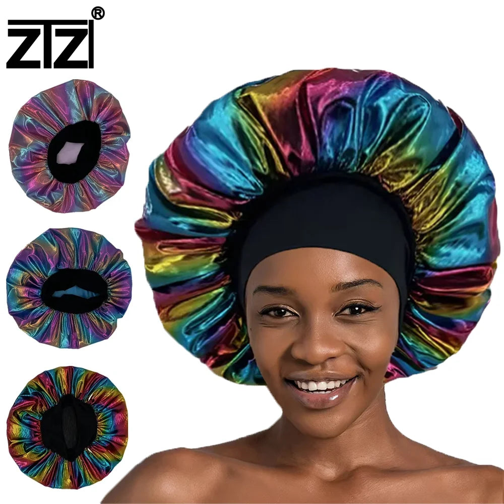 ZTZI Large Size Stretch Wide Band Night Cap Laser Satin   African Women Hair Bonnet Rainbow Bonnet for Braids