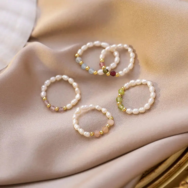 SC Summer Ice Feeling Glass Crystal Beads Finger Rings Women Luxury Handmade Beaded Natural Freshwater Pearl Rings for Girls