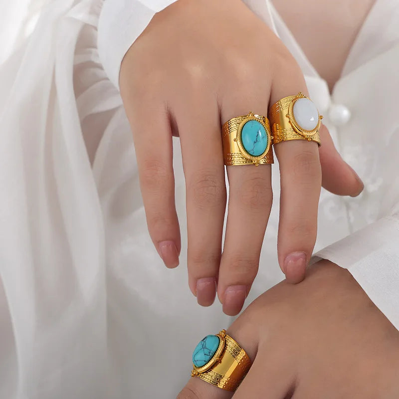 European and American Queen Mother Natural Turquoise Open Titanium Steel 18K Gold Natural Stones Female Ring