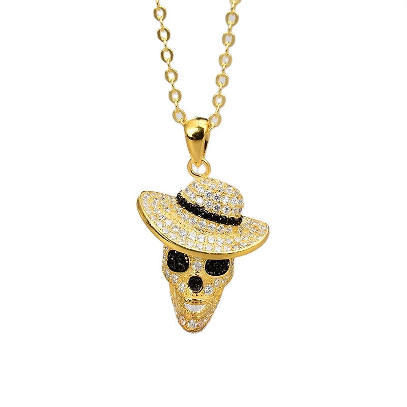 SSeesy HipHop Mens Punk Jewellery Necklace Diamond Skull Hat Pendant Necklaces Street Rock Jewelry
