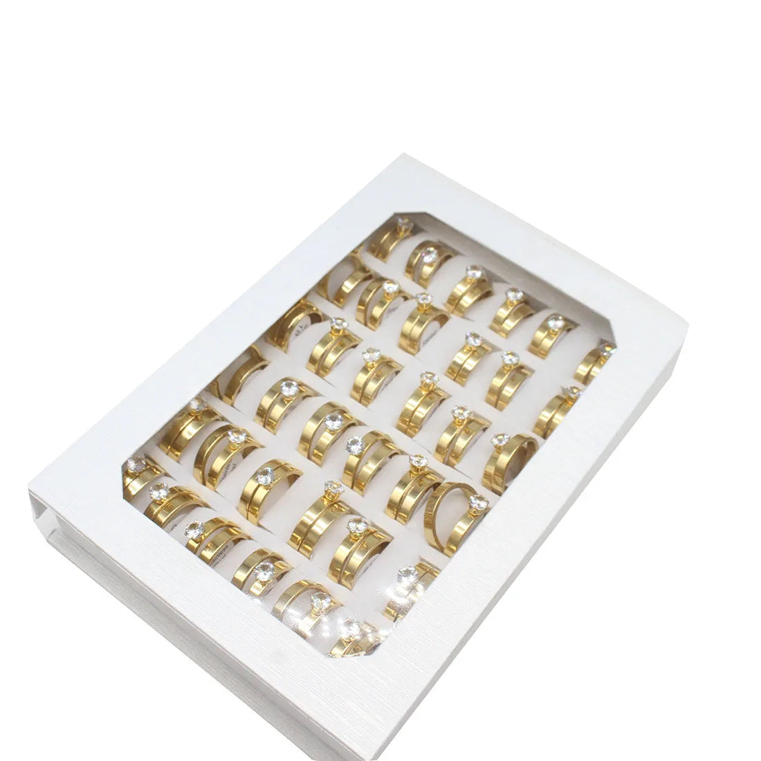 Bulk Wholesale Trendy Fashion Jewelry Rhinestone Stainless Steel Finger Ring for Woman Golden 4mm 36PCs/Box 1518011