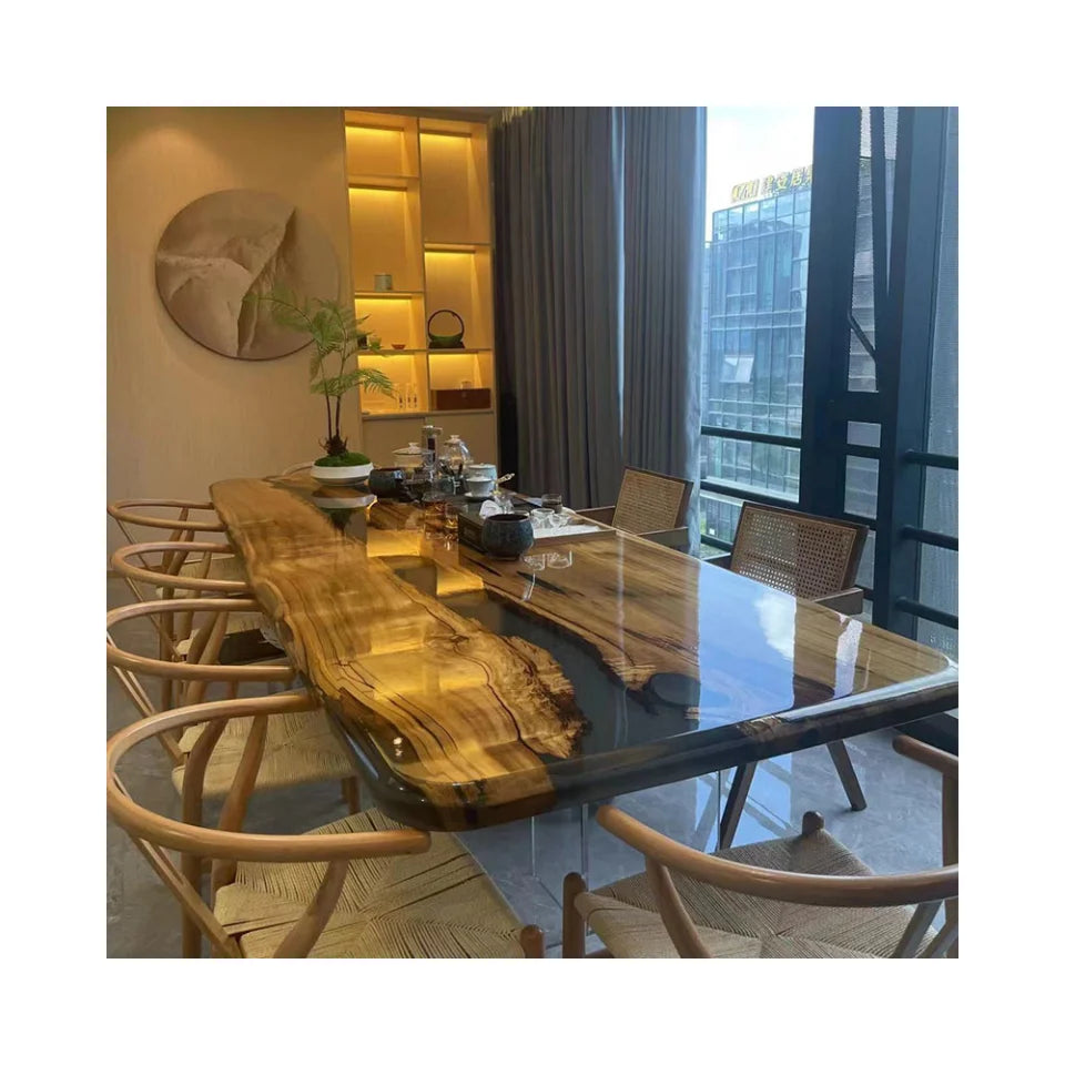 Luxury Style Solid Wood Farmhouse Epoxy Resin River Table with European Design Clear Transparent Finish