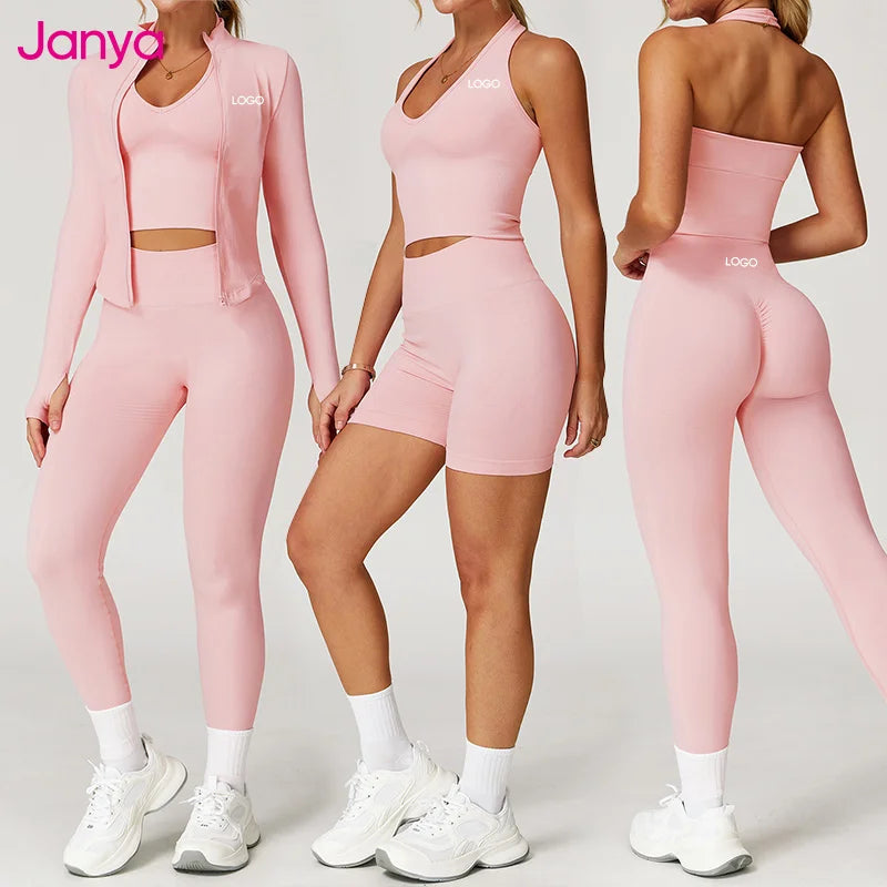Janya Tik Tok Custom Seamless Gym Clothing for Women Scrunch Booty Yoga Shorts Leggings 2/3/4 PCS Sports Halter Bra Suit Sets