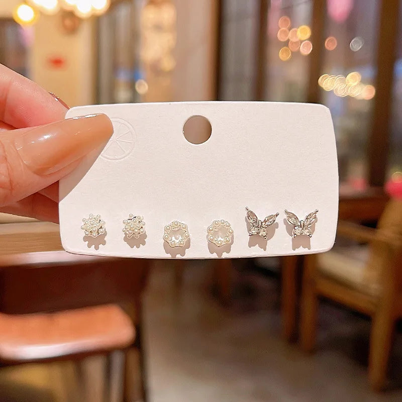 Korean S925 Silver Needle Earring Set 3pairs /set Rhinestone Stud Earrings Micro-inlaid Butterfly Personality Stud Earrings