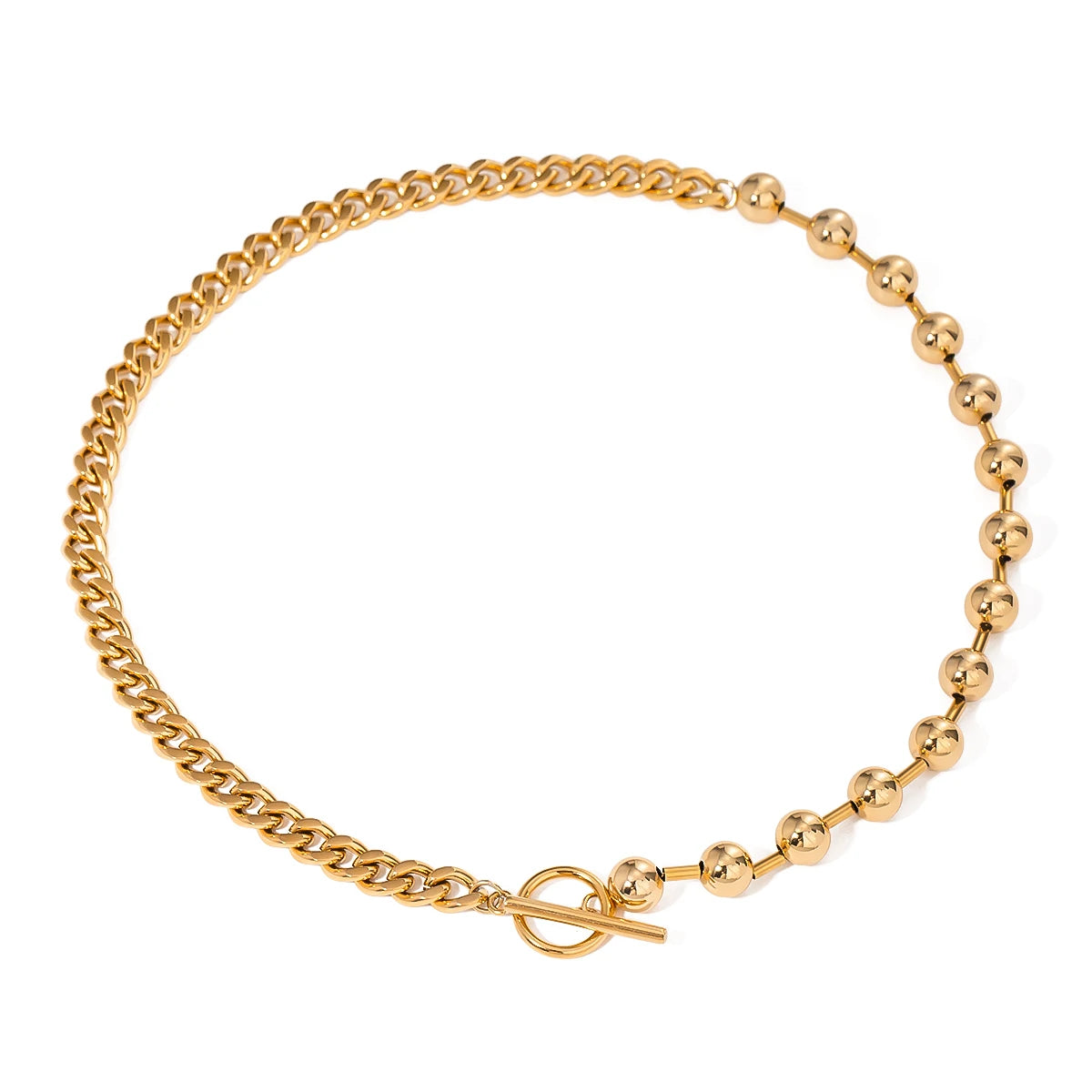 J&D 18k Gold Stainless Steel Mixed Bead and Smooth Chain OT Clasp Necklace 42cm