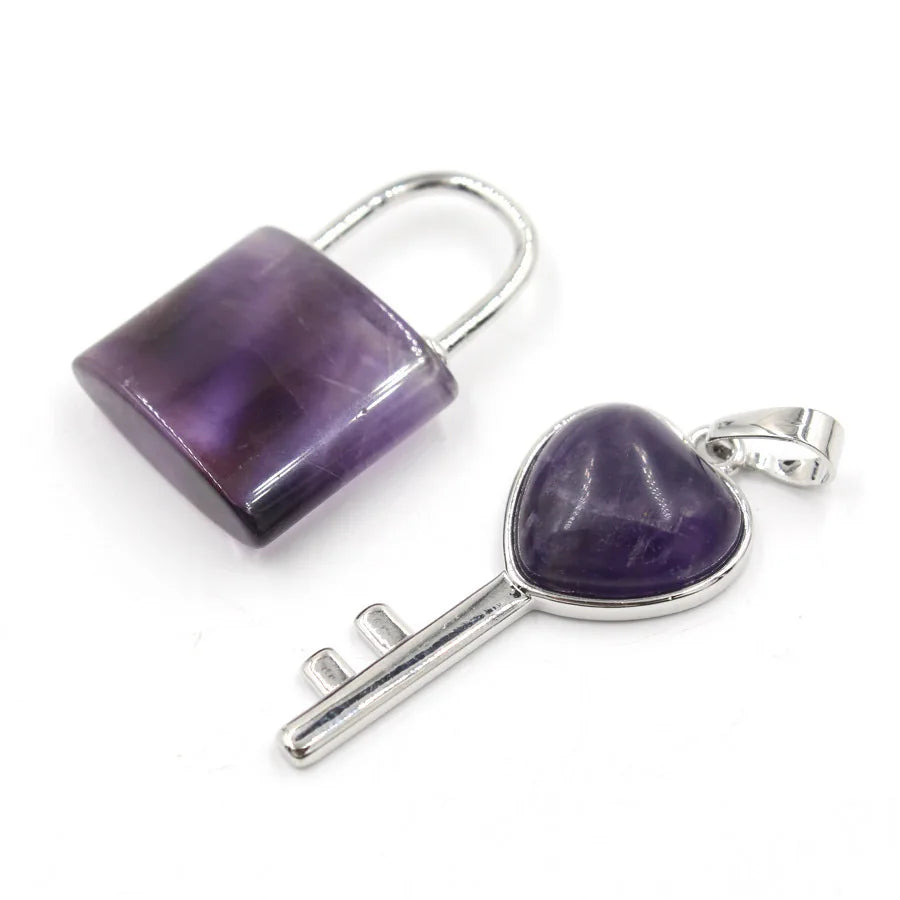 New Style Natural Crystal Stone Couples Lock Pendant Necklace Gemstone Jewelry Amethyst Rose Quartz Couple Pendant