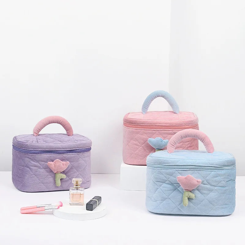 2025 New Korean Style Large Capacity Portable Makeup Case Flower Corduroy Modern Canvas Cosmetic Storage Bag for Outdoor Use