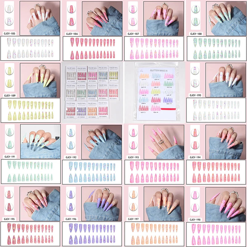 Wholesale Temooi 24pcs ABS Glitter Stiletto False Press Long Nail Set Custom Logo French Style Short Size Soft Artificial