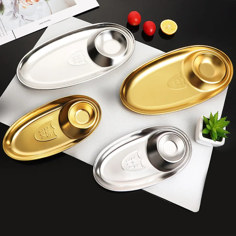 304 Stainless Steel Divided Serving Trays Gold Silver Oval Plates with Sauce Dipping Bowl for Snack Fries Food Kitchen Tableware