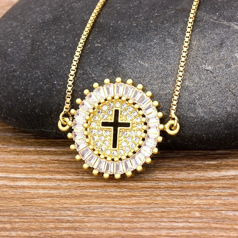 QIKU Cross Pendant Cubic Zirconia Gold Color Women Necklace Crystal Pendant Long Chain Cubic Zircon Religious Jewelry Best Gift