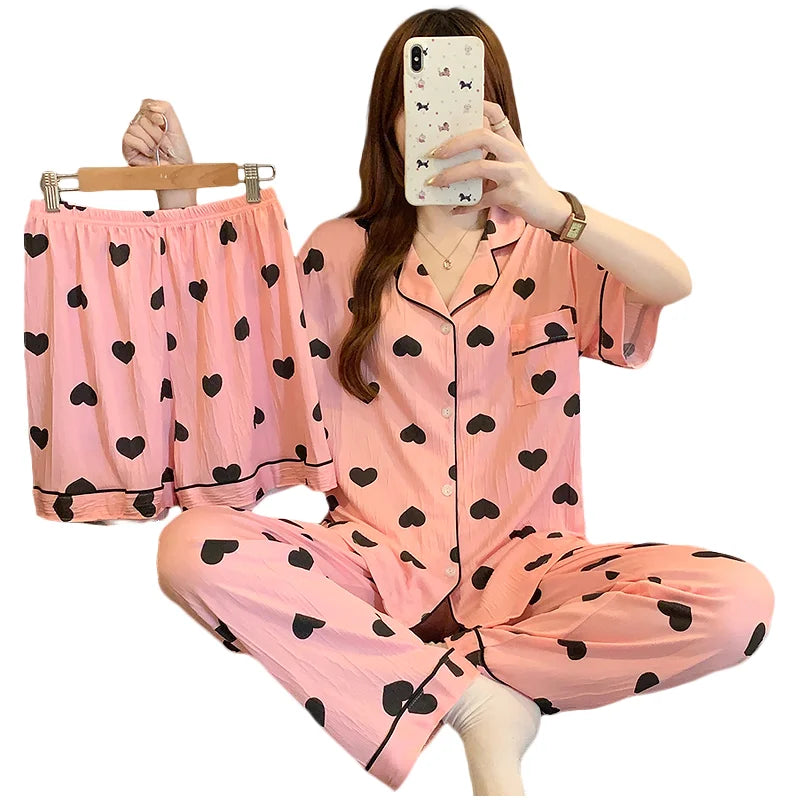 DDP Pajamas Women Three Piece Set Summer Thin Short Sleeve V-neck Shirt Elastic Waist Soft Cartoon for Summer Homewear Outerwear