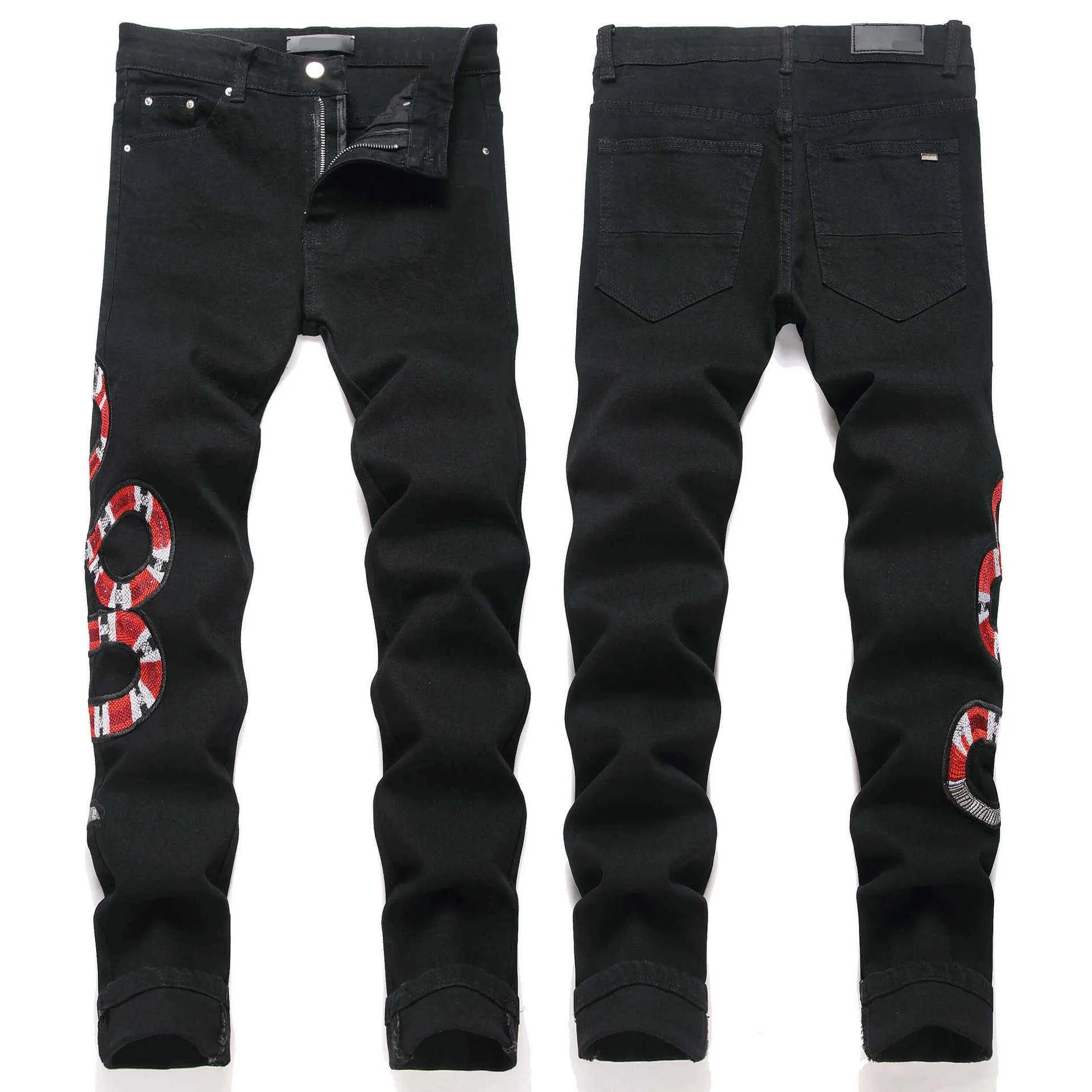 High Street Embroidery Wide Leg Streetwear Black Denim Quality Fashion Jeans