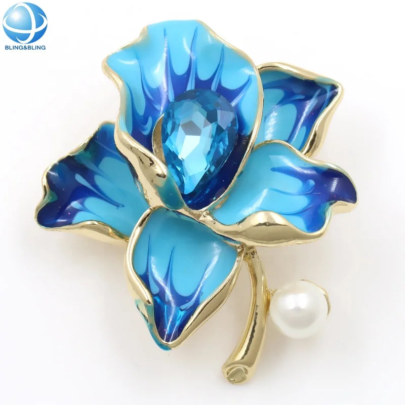 Blue Enamel Rhinestone Brooch Metal Alloy Gold Plated Pins for Women Fashion Jewelry Gift Elegant Ladies Evening Gown Decoration