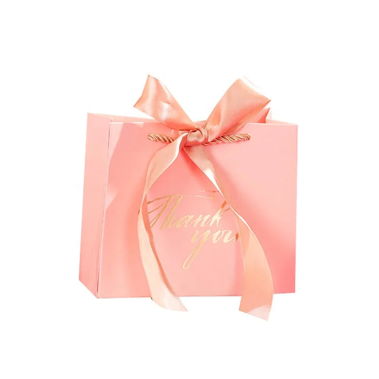 Paper Material Folders Yiwu Suppliers Cardboard Empty Thank You Disposable Wedding Door pink Gift Paper Bags with Ribbon Closure