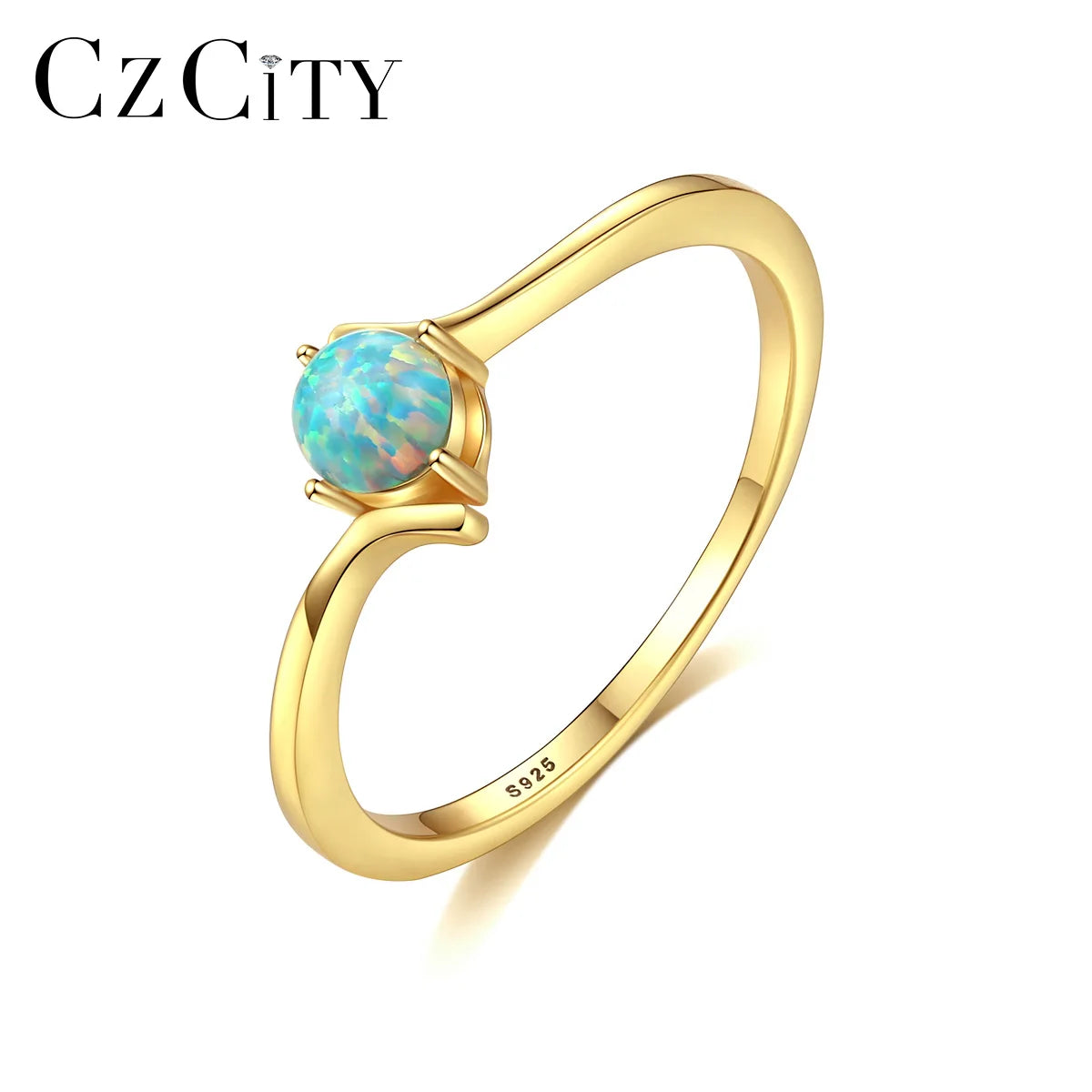 CZCITY Gold Plated Opal Round Shaped Jewelry Engagement Rings Sterling Siver 925 Artificial Finger Rings for Girls