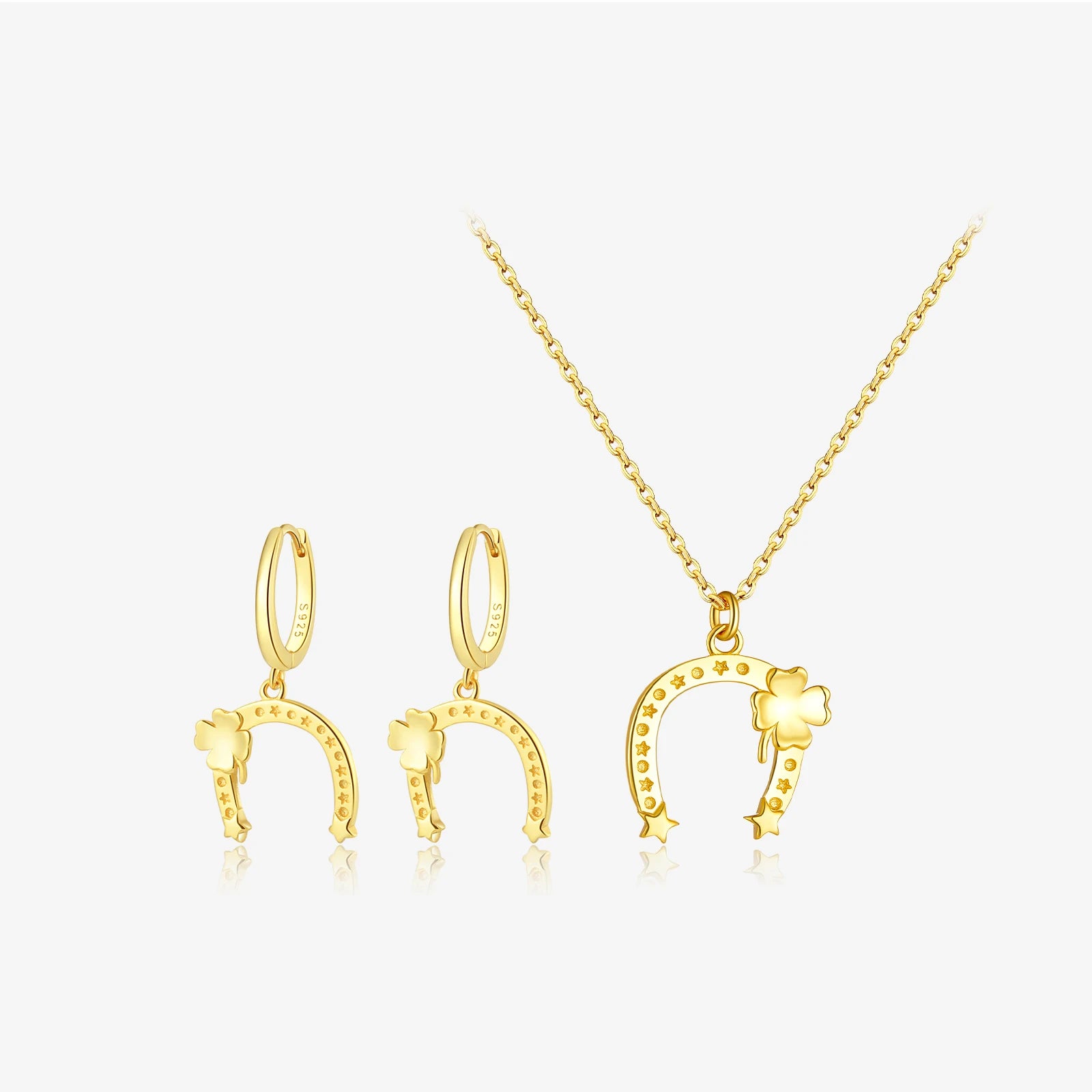 FUAMAY Classic 925 Sterling Silver 18K Gold Plated Horseshoe Four Leaf Jewelry Set Ldeal for Daily Wear & Gifts Earrings Collar