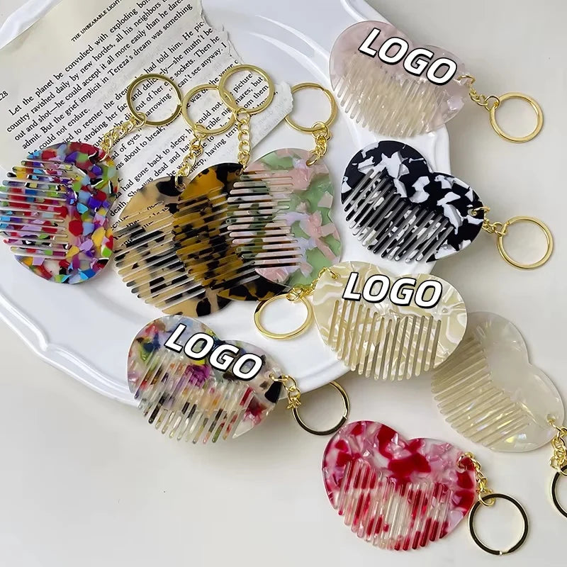 Qianjin Custom Logo Portable Acetate Heart Comb Keychain Pendant Creative Cute Makeup Bangs Comb for Hair Accessories