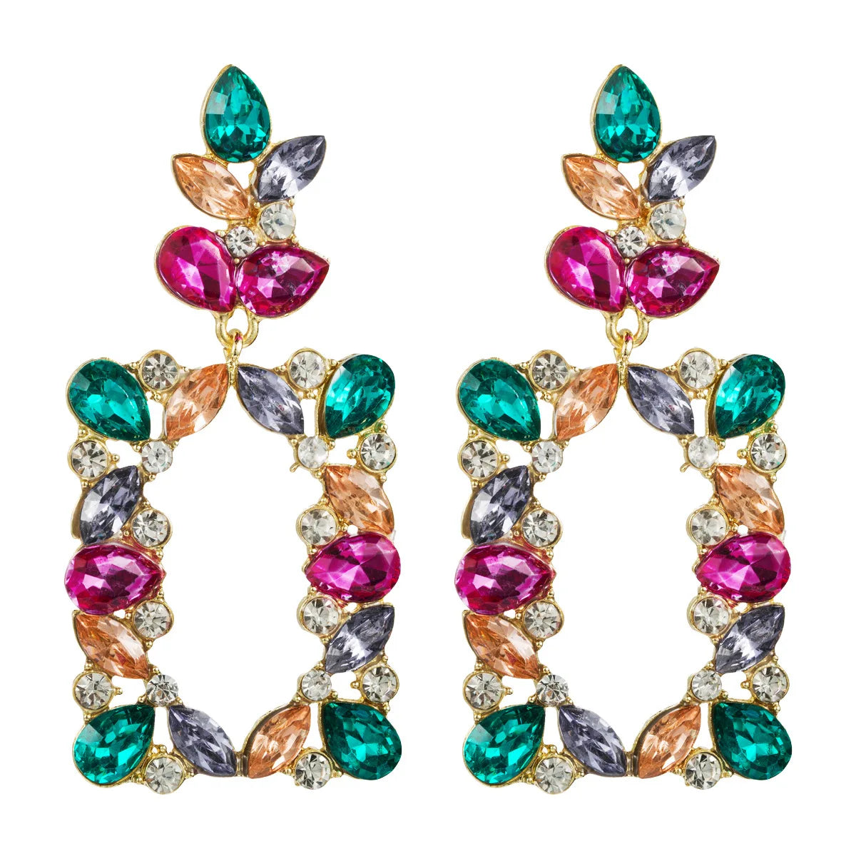 HOVANCI European and American Exaggerate Fashion 6 Colorful Glass Drill Rhinestone Flower Leaf Square Drop Earring
