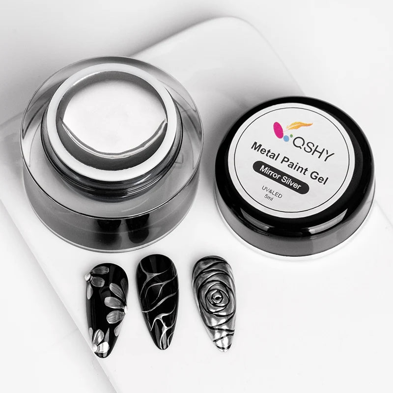 QSHY Custom Logo Private Label 5ml Nail Gel Polish UV LED Resin Gel Paint Metal Mirror Silver DIY French Free Vegan Bottle