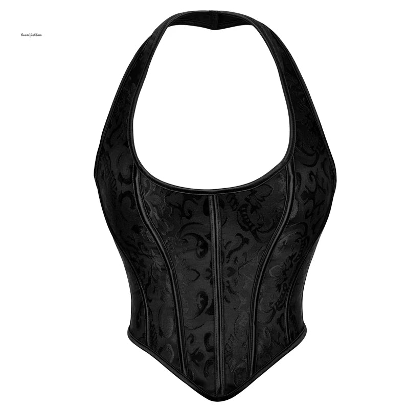 Women Body Shaping Underwear Black Hanging Neck Bra Bracket Gothic Corset Bustier Backless Boned Firm Control 13 Plastic Bones