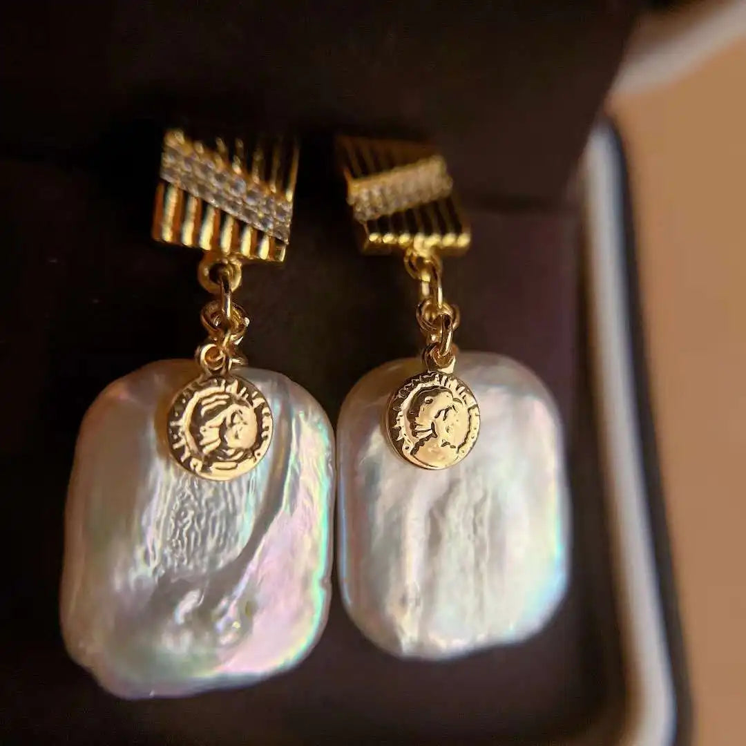 Bazaar Style Baroque Pearl Drop International Style Silver Needle Square Natural Vintage Gold Plated Luxury Freshwater Gift