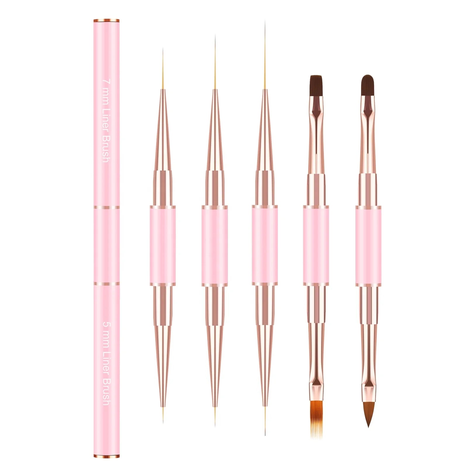 Pink Metal & Nylon Double End Oval Flat 3D Ombre Liner Nail Art Brushes Set for Gel Painting