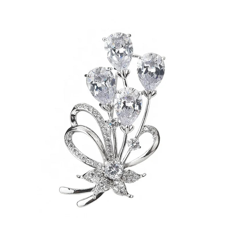Elegant White Plated Brass Metal Brooch with Zircon Custom Gift for Women/Men's Engagement/Wedding Party Jewelry
