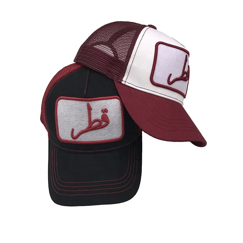 Custom Make 3D Raised Embroidery Arabic logo Cotton Polyester 5 Panel Trucker Mesh Cap