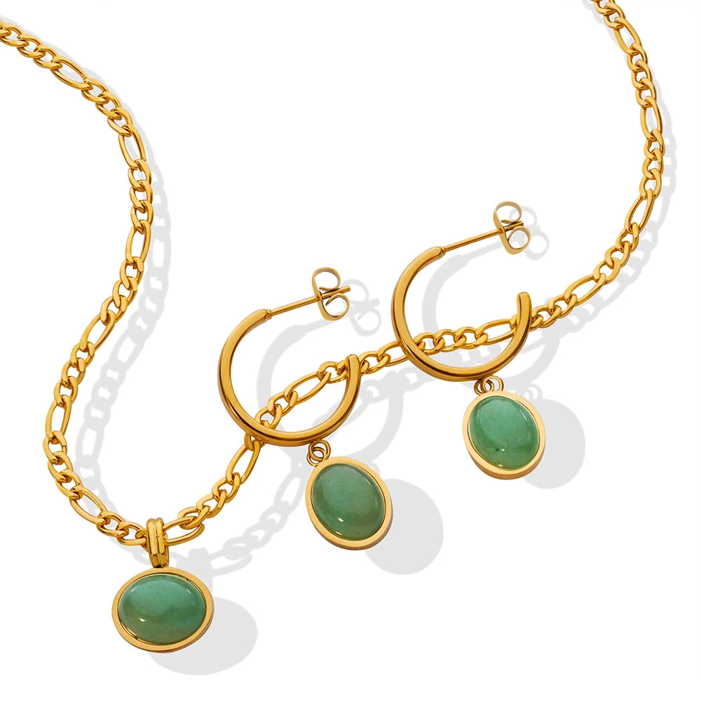 Hot Selling New Natural Green Stone Pendant Retro Stainless Steel Jewelry Earrings and Necklace Sets for Women