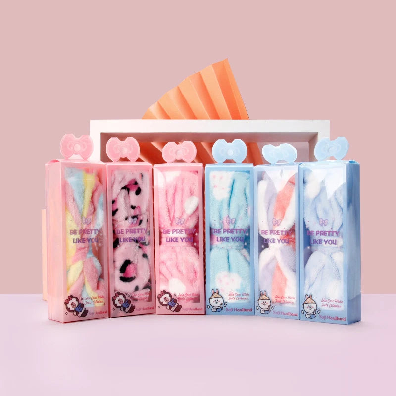 Wholesale Adjustable Elastic Soft Face Makeup Hair Bands Washing Shower Women Bow Facial Fluffy Coral Spa Headband with Gift Box
