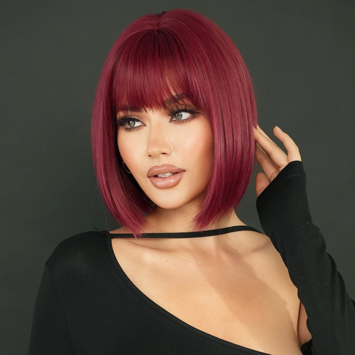 Short Bob Straight Wig with Bangs 12in Short Natural Red Yaki Wig Synthetic Heat Resistant Burgundy Red Hair for Party Cosplay MegaBDM
