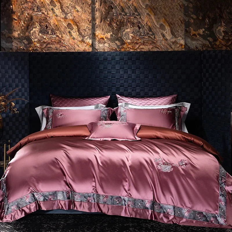 Luxury Embroidery 4pcs Duvet Cover Pink Patchwork European Style Long Staple Cotton 800T Silk Cotton Comforter Bedding Set