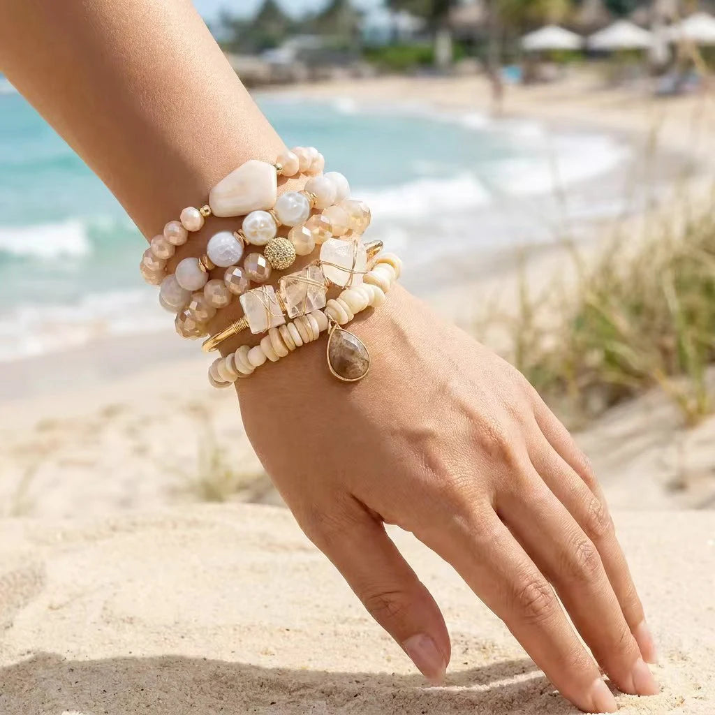 Boho Women Custom Jewelry 5pcs Natural Gemstone Crystal Glass Acryl Bracelet Irregular Stone Bangle Eastic Stack Bracelet Set