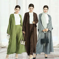 Linen Open Abaya Turkey 2pcs Set Modest Fashion Muslim Set  Top and Pants Islamic Clothing