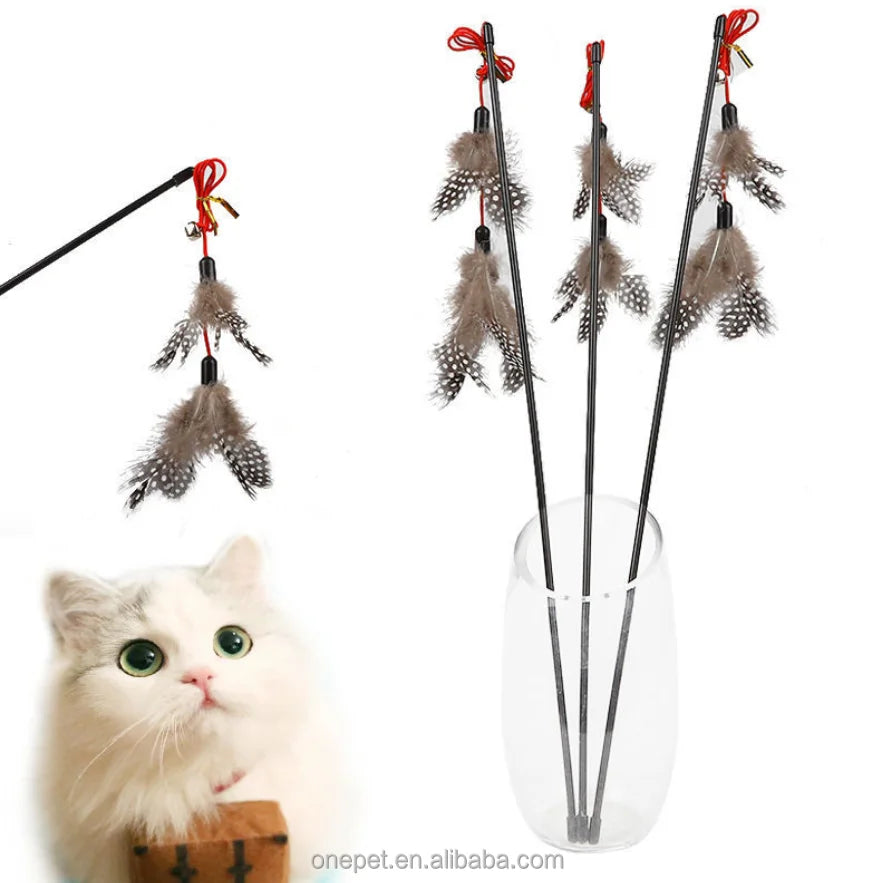 Classic Funny Cat Stick Toy with Pearl Feather Belt Bell Long Rod Self-Entertainment Relief Eco-Friendly Pet Toy