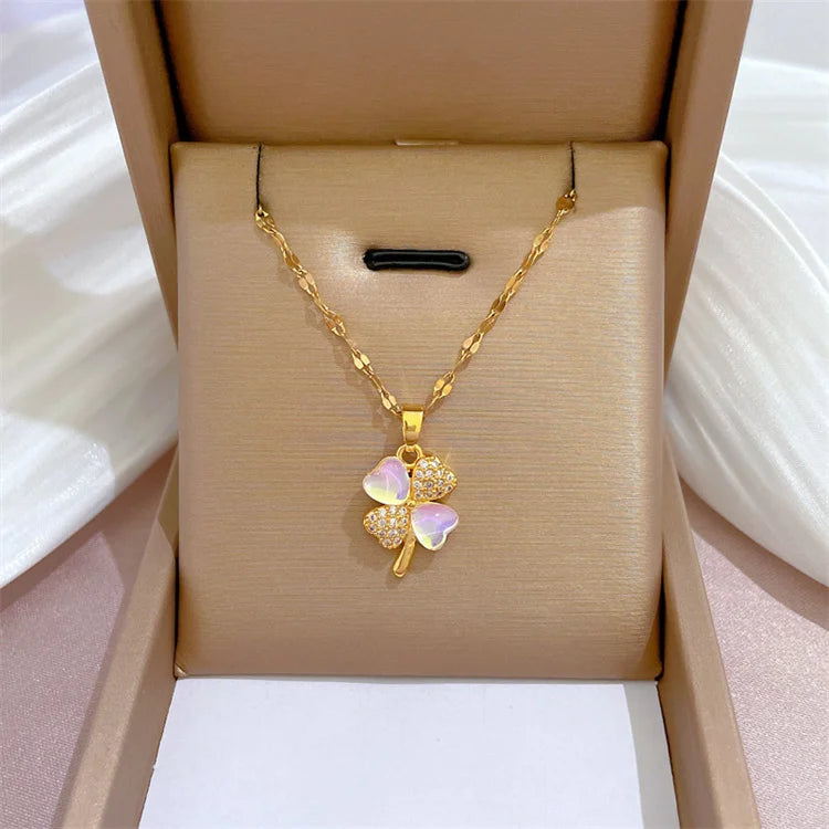 Wholesale New Stainless Steel 18k Gold Plated Women Dainty Lucky Grass Pink Crystal Diamond Necklace