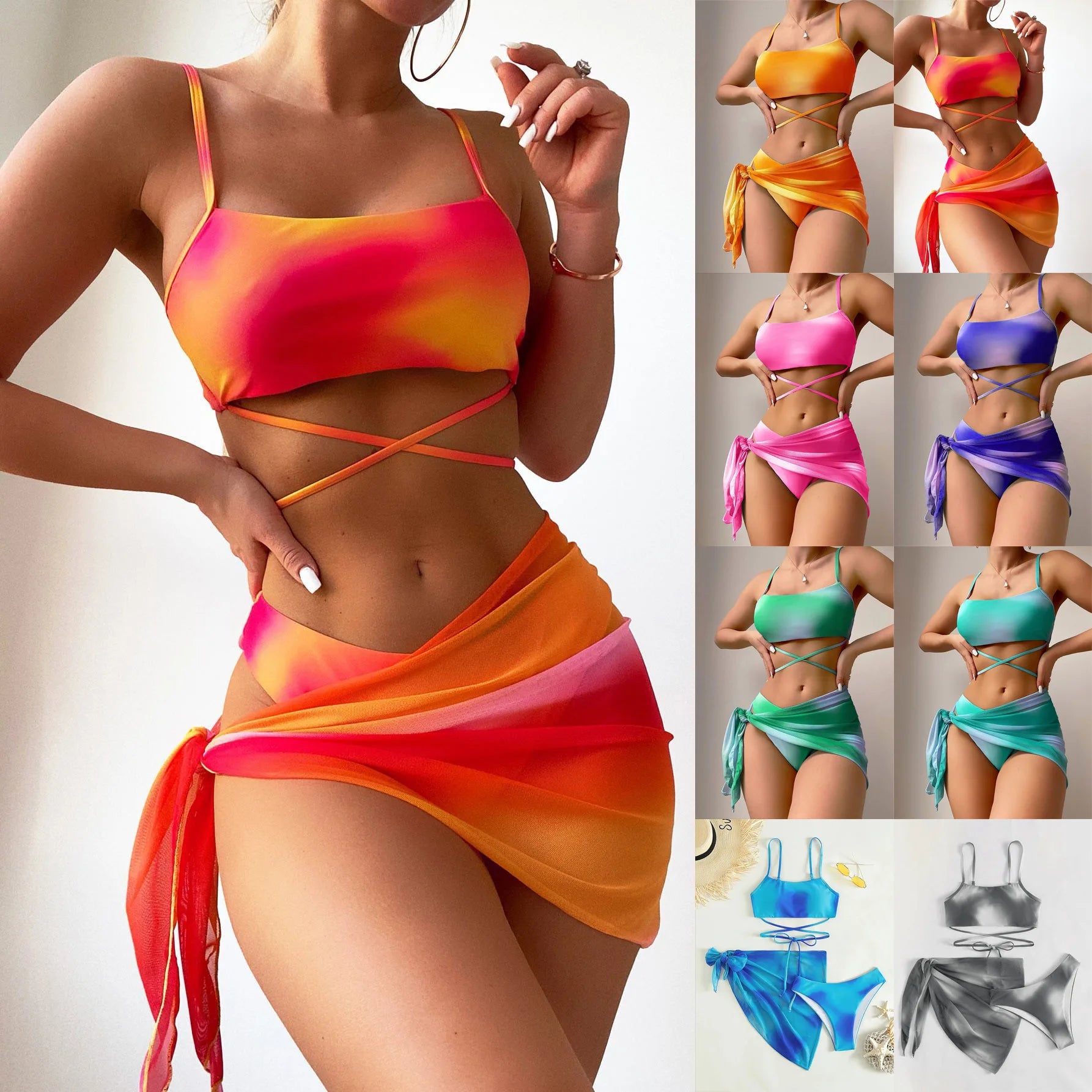 Tie-Dye 3 Piece Cover up Bathing Suit Bikini Women Swimwear 2025