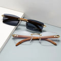 Fashion Vintage Wooden Rimless Sunglasses Men Rectangle Uv400 Eyewear Custom logo Sun Glasses