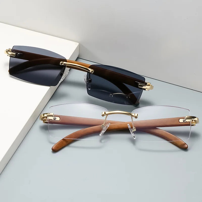 Fashion Vintage Wooden Rimless Sunglasses Men Rectangle Uv400 Eyewear Custom logo Sun Glasses