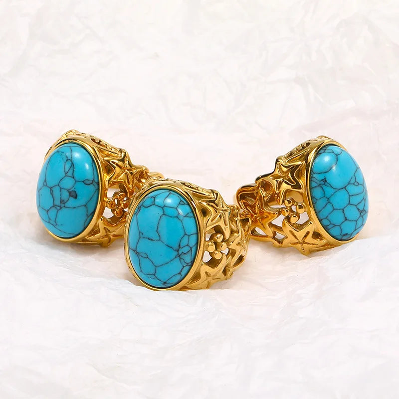 Vintage Pentagram Joint Enamel Ring 18K Gold Plated 316L Stainless Steel Oval Camber Blue Turquoise Finger Ring