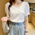 5395# Blusas Blouses Femme Top Women Short Sleeve Ruffles V-Neck Chiffon Blouse Shirt Tops Women