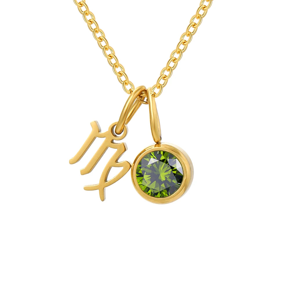 INS Stainless Steel 14K Gold PVD Plated DIY Zodiac Birthstone Charm Necklace Titanium Steel 12Months Horoscope Choker Necklace