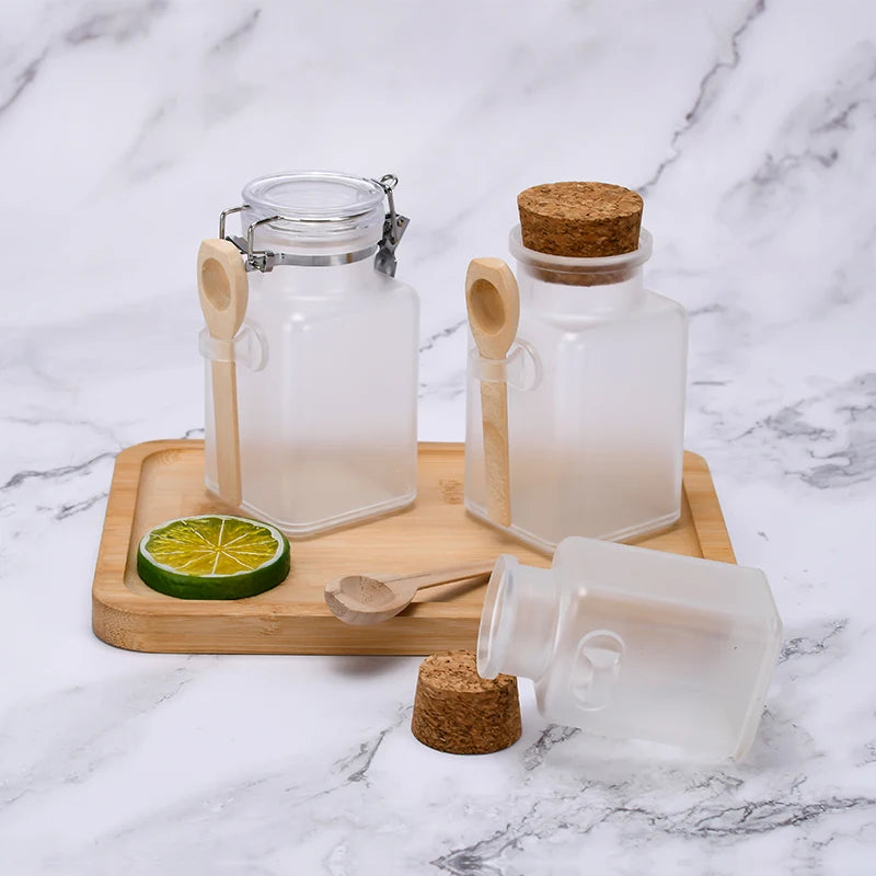 Hot Sale Empty 100ml 200ml 300ml Frosted Packaging Bath Salt Cosmetic Plastic Jar and Bottle with Spoon