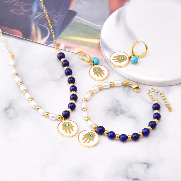 Stainless Steel Gold Plated Evils Eye Fatima Palm Beads Necklace Bracelet Huggie Earrings Set Women Girls Jewelry Wedding Party
