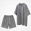 Summer Short Sleeve Water Washed Breathable T-shirt with Shorts Set 100% Cotton Quick Dry Casual