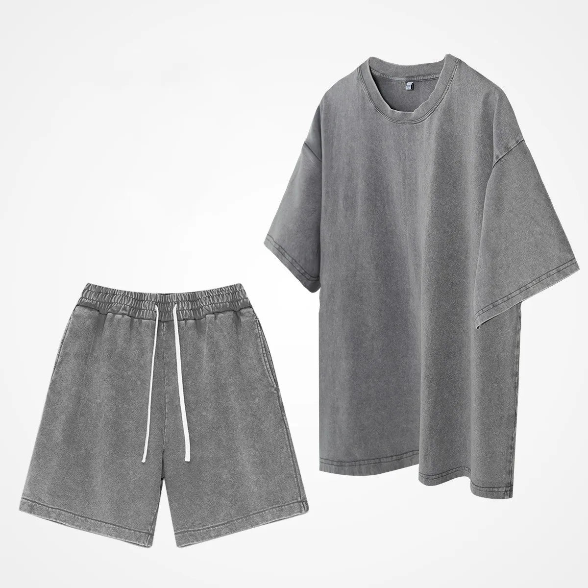 Summer Short Sleeve Water Washed Breathable T-shirt with Shorts Set 100% Cotton Quick Dry Casual